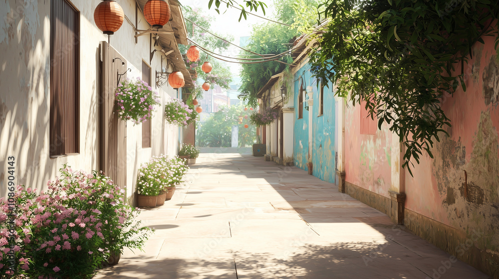 Obraz premium Colorful Alleyway with Lanterns and Flowers in Cheerful Neighborhood