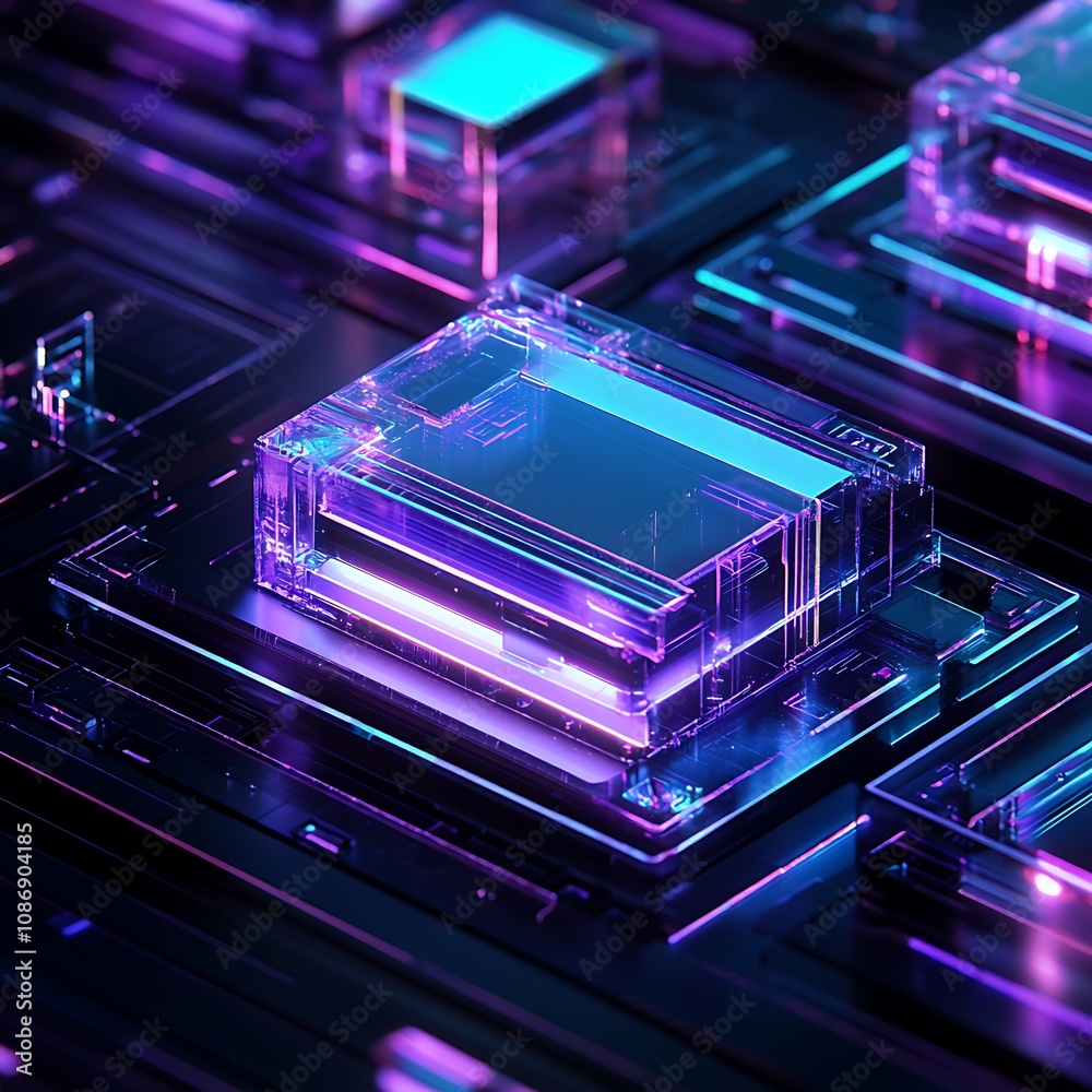 Obraz premium Futuristic Abstract Geometry with Glowing Purple and Blue Cubes on a Dark Background, Highlighting Modern Technology and Digital Aesthetics in a Stunning Visual Display