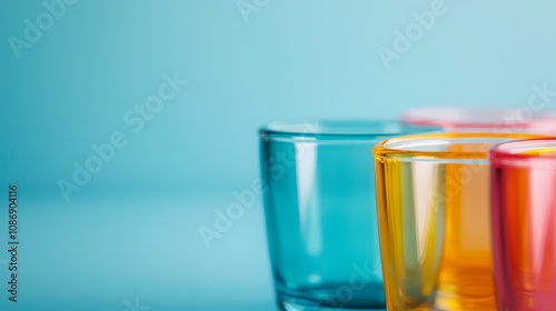 Vibrant CMYK Color Glasses, a striking display of four glasses in bold hues, isolated against a minimalist backdrop, emphasizing their bright colors and simple elegance. photo