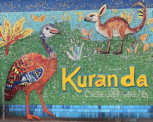 A decorative wall with Aboriginal art of an emu and kangaroo and the word 