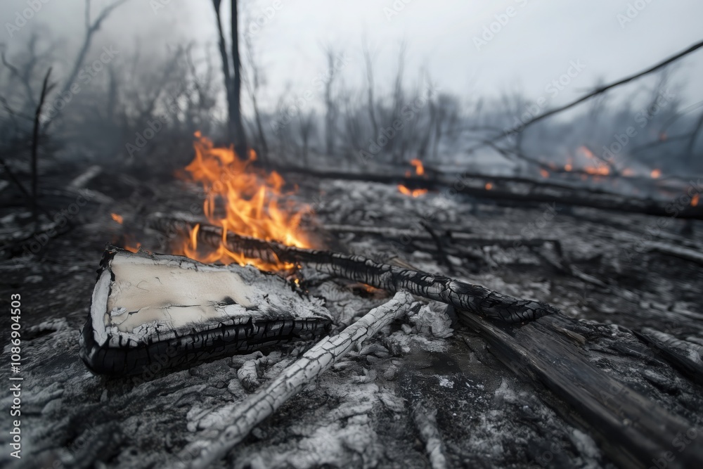 Aftermath of Wildfire: Charred remnants of a forest fire, with burning wood and ash covering the ground, creating a somber and dramatic scene. Aftermath of Wildfire: Charred remnants of a forest fire, with burning wood and ash covering the ground, creating a somber and dramatic scene.