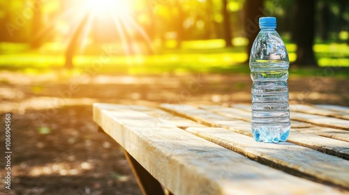 Water Bottle Rests On Wooden Bench In Sunny Park