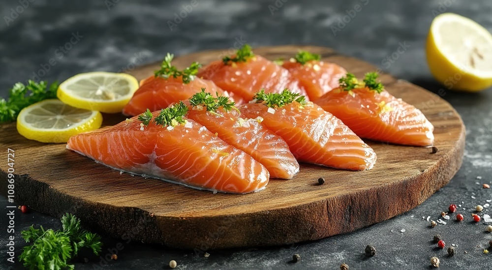 Sliced salmon fillet on a wooden board with lemon and coriander leaves Sliced salmon fillet on a wooden board with lemon and coriander leaves