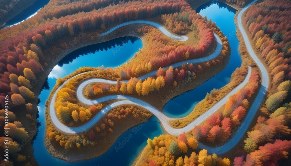 Aerial view of road and forest in autumn colors with blue water lake in Finland Aerial view of road and forest in autumn colors with blue water lake in Finland