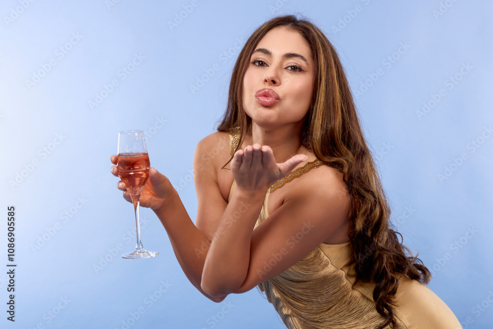 Portrait of a beautiful woman in an elegant golden dress with a glass of champagne in her hand posing on a blue background. Portrait of a beautiful woman in an elegant golden dress with a glass of champagne in her hand posing on a blue background.