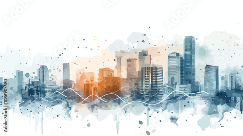 Cityscape and Financial Graph Chart Network on Blurred Background