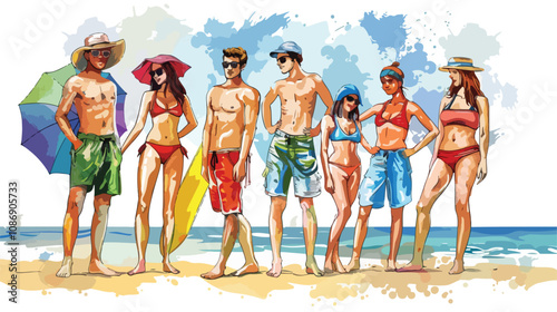 Young People Enjoying the Beach Handdrawn Vector Illustration