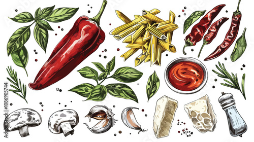 Spicy Chili Pepper Macaroni with Fresh Herbs and Spices on Kitchen Table