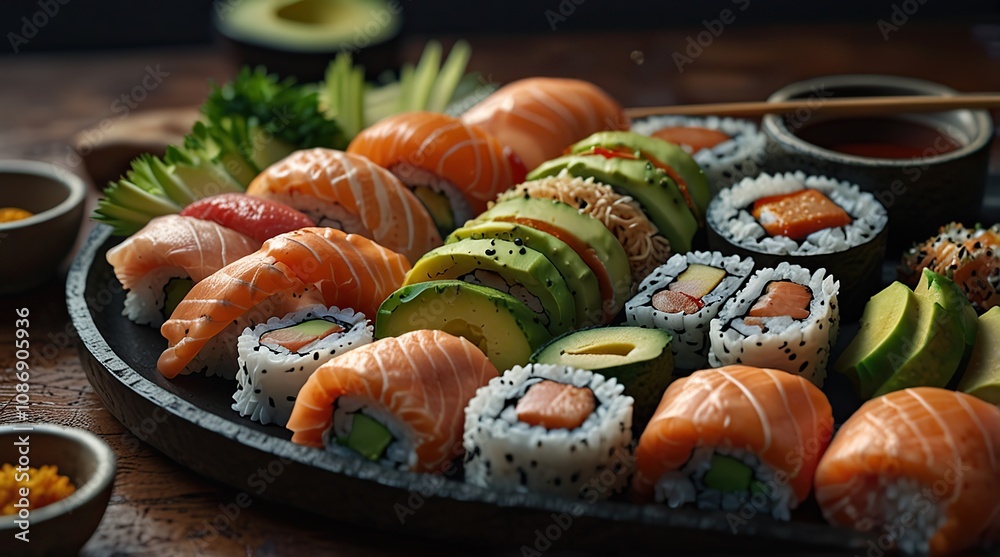 Sushi platter with salmon, tuna, and avocado rolls