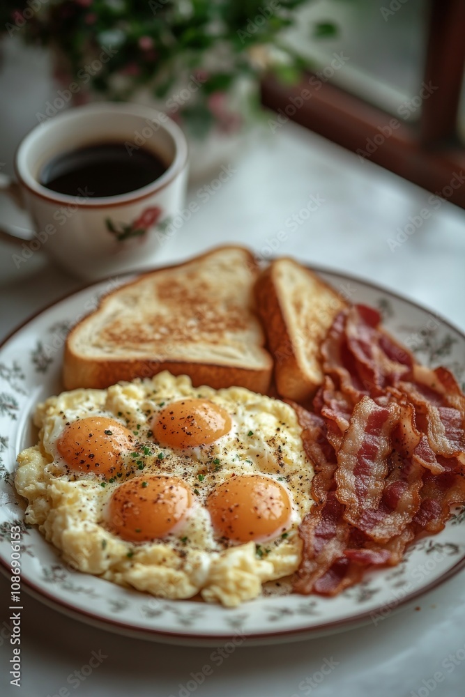 Classic breakfast with eggs, bacon, and toast
