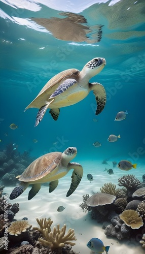 Photo a Realistic scene of a tropical sea with a Turtles and fish photo