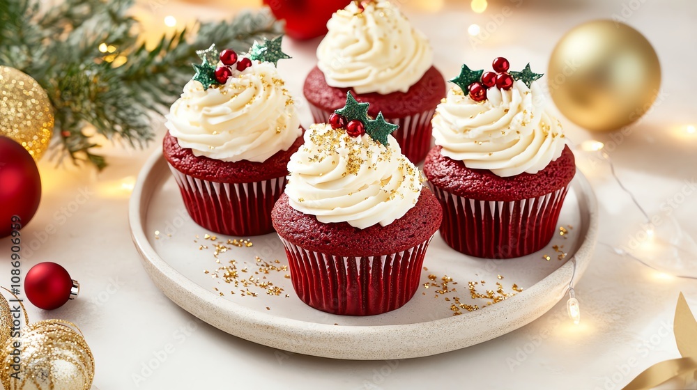 Delicious red velvet cupcakes topped with creamy frosting, perfect for festive celebrations and holiday gatherings. Delicious red velvet cupcakes topped with creamy frosting, perfect for festive celebrations and holiday gatherings.