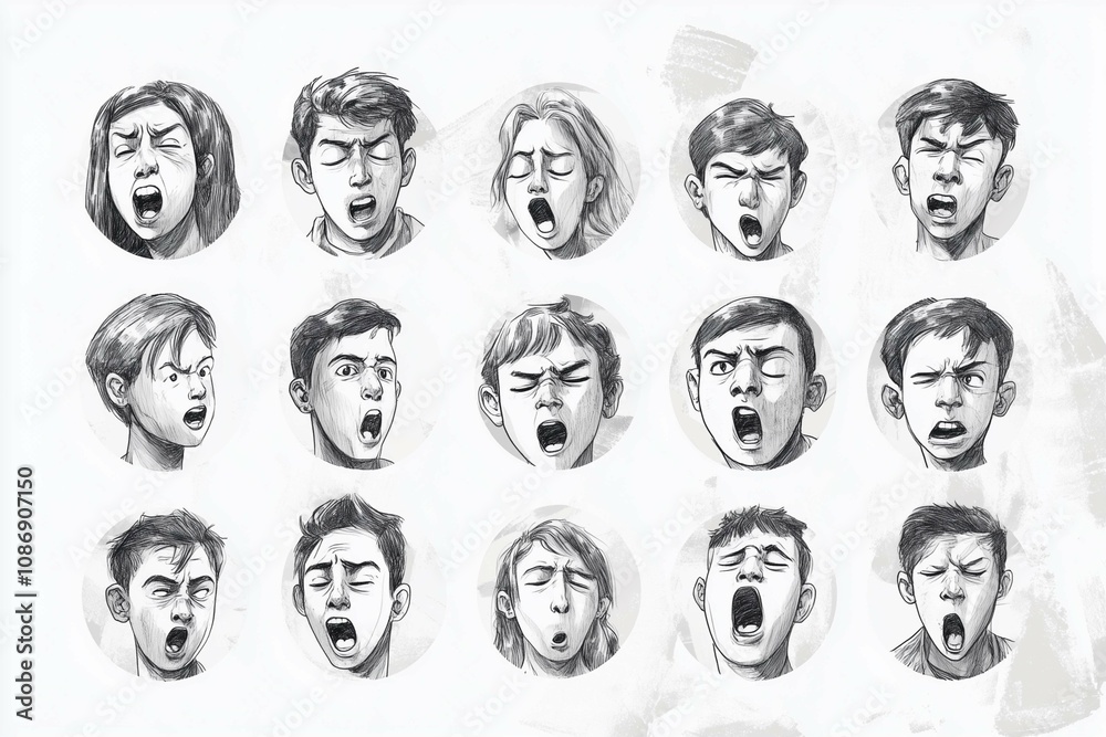People facial expression icons drawn with pencil lines in circles.
People facial expression icons drawn with pencil lines in circles.