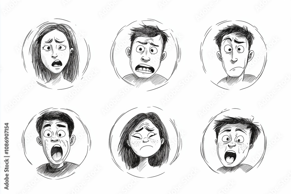 People facial expression icons drawn with pencil lines in circles.
People facial expression icons drawn with pencil lines in circles.