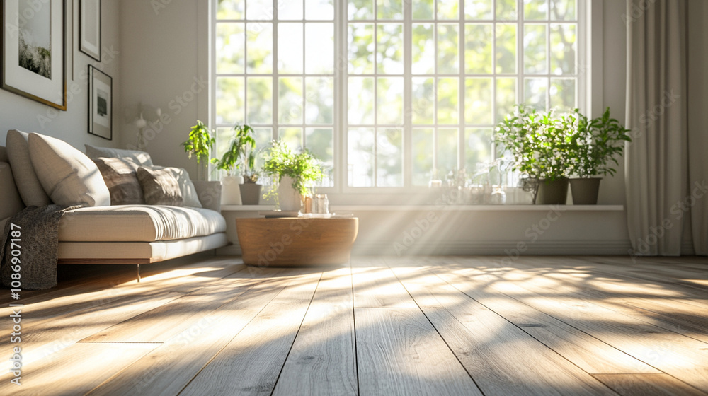 Sunlit 3D Render of a Cozy Living Room with Large Window and Wooden Flooring. Modern Interior Design Concept with Natural Light and Warm Ambiance Sunlit 3D Render of a Cozy Living Room with Large Window and Wooden Flooring. Modern Interior Design Concept with Natural Light and Warm Ambiance