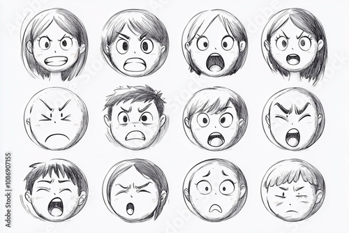 People facial expression icons drawn with pencil lines in circles. 