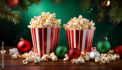 Vertical two red and white popcorn boxes spill delicious popcorn next to festive red and green Christmas ornaments, creating a holiday-themed snack setting
