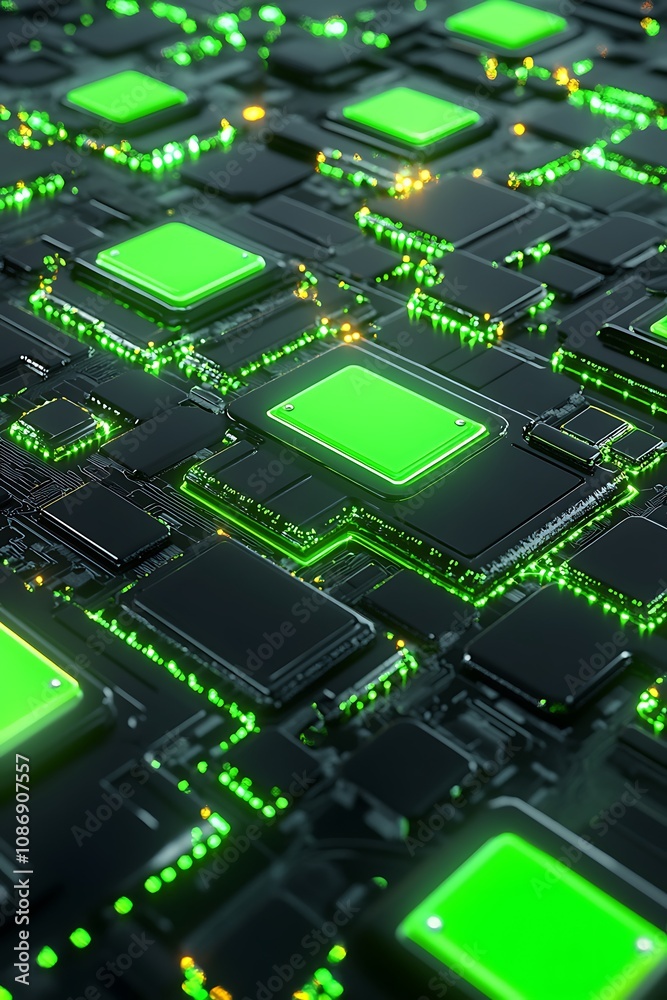 Futuristic Electronic Circuit Board with Glowing Green Chips and Advanced Technology Concepts for Digital Innovations and High-Tech Designs Futuristic Electronic Circuit Board with Glowing Green Chips and Advanced Technology Concepts for Digital Innovations and High-Tech Designs
