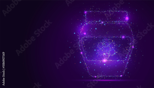 Silhouette of a honey jar and dipper made of glowing, multicolored dots, resembling stars. The vibrant particles symbolize sweetness, nature harmony, and the golden essence of bees work.