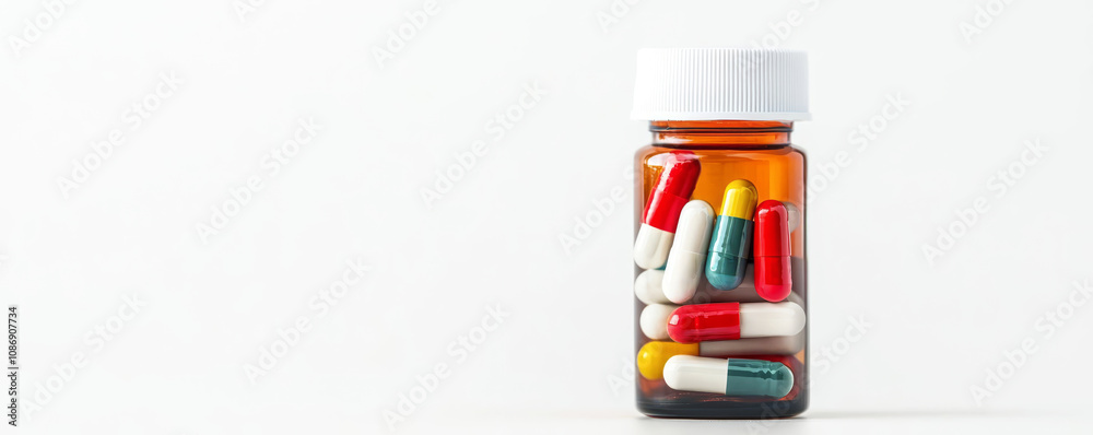 Fototapeta premium A bottle filled with colorful capsules and tablets on a white background, representing medication and health.