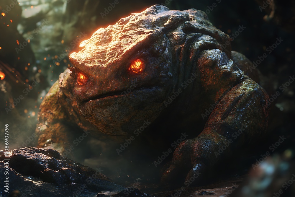 A detailed illustration of a large, rocky creature with glowing eyes in a mystical environment. A detailed illustration of a large, rocky creature with glowing eyes in a mystical environment.
