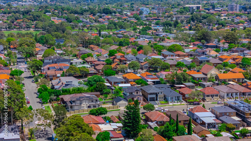 Panoramic aerial drone view of western Sydney Suburbs of Canterbury Burwood Ashfield Marrickville Campsie with Houses roads and parks in Sydney New South Wales NSW Australia