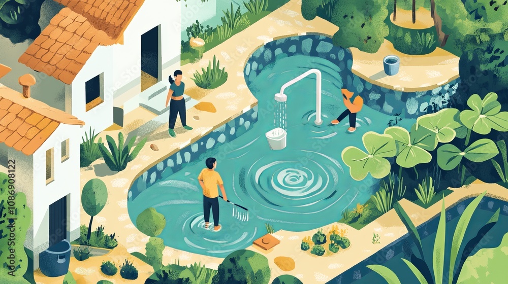 Depictions of water-saving practices, like rainwater harvesting, low-flow taps, or people participating in water conservation programs. Depictions of water-saving practices, like rainwater harvesting, low-flow taps, or people participating in water conservation programs.