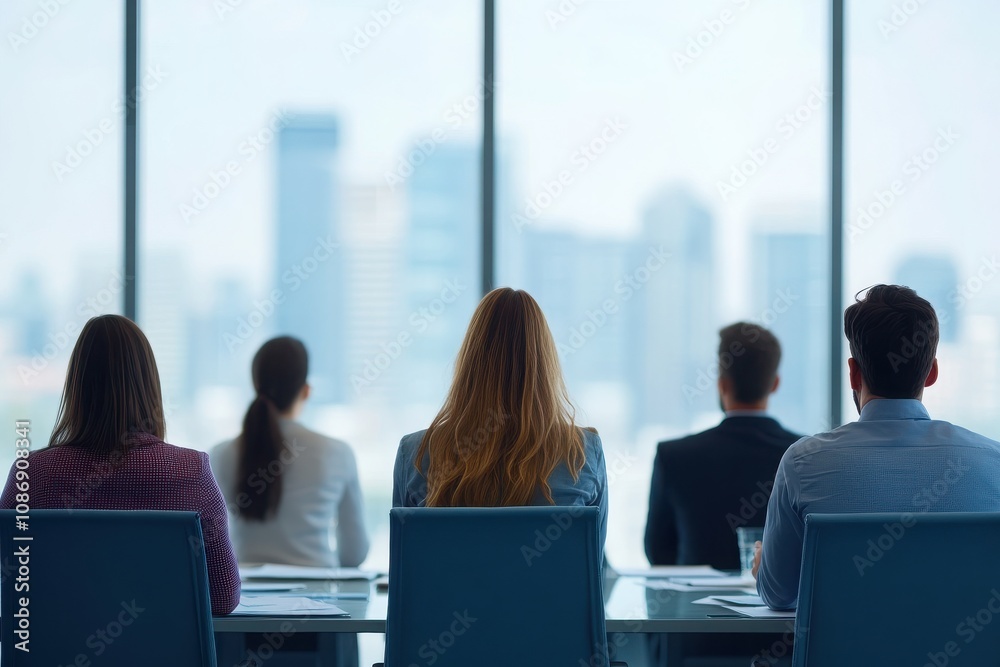 A team of professionals engaged in a meeting, overlooking a city skyline, reflecting on strategies and collaboration.