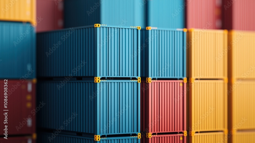 Fototapeta premium Colorful shipping containers stacked together, showcasing a vibrant array of blues, reds, and yellows in a modern shipping environment.