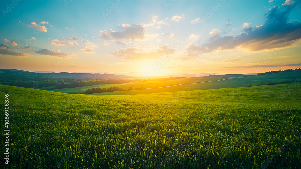 Beautiful summer rural landscape, Panorama of summer green field with Empty road and Sunset cloudy sky Beautiful summer rural landscape, Panorama of summer green field with Empty road and Sunset cloudy sky