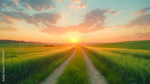 Beautiful summer rural landscape, Panorama of summer green field with Empty road and Sunset cloudy sky