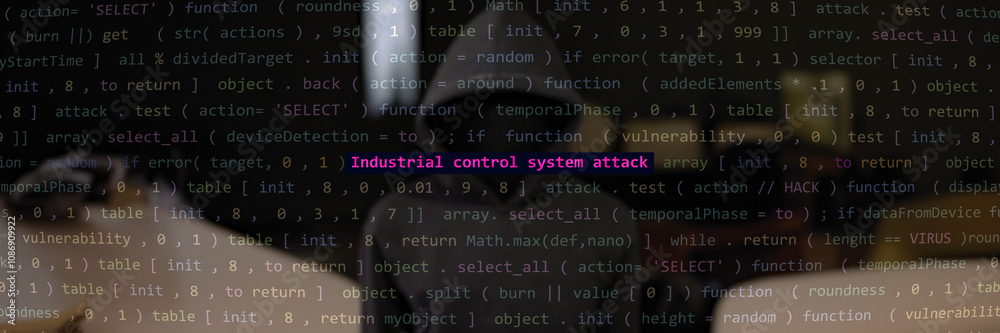 Obraz premium Cyber attack industrial control system attack text in foreground screen, hacker hidden in the blurred background. Vulnerability text in binary system ascii art style, code on editor screen.