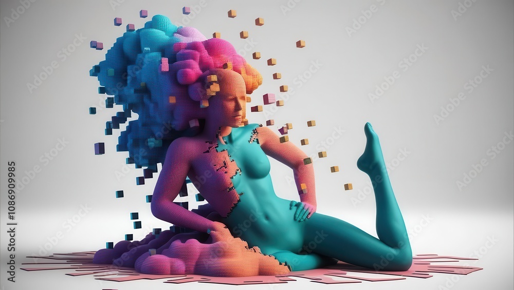 Obraz premium A vibrant, abstract figure with colorful, fragmented elements, representing a blend of art and digital creativity in a surreal setting.