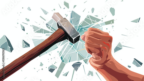 Close-Up Male Hand Breaking Glass with Hammer