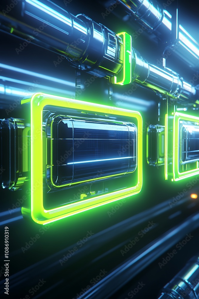 Obraz premium Futuristic Neon Tubes and Panels Illuminating a Modern Technology Scene with Bright Colors and Glowing Effects in a Dark Environment
