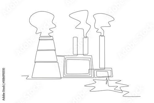 Factory with waste pipes discharging into the river. Water pollution concept one-line drawing