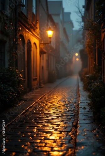 Wet cobbled deserted street in the light of lanterns with reflections on wet paving stones among old buildings and rain . Romantic urban atmosphere of a rainy evening.