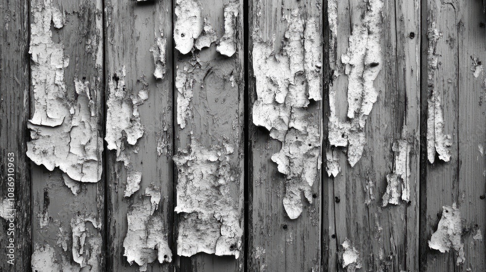 Weathered wooden fence with peeling white paint, highlighting textured surfaces and rustic charm in a black and white composition. Weathered wooden fence with peeling white paint, highlighting textured surfaces and rustic charm in a black and white composition.