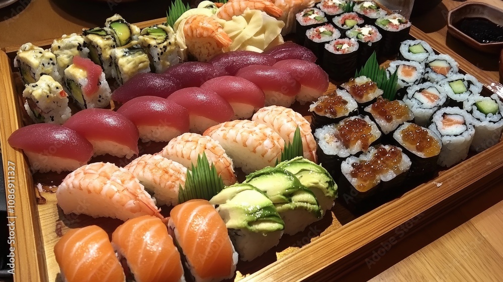 An elegant wooden tray showcasing a vibrant assortment of sushi rolls and sashimi, featuring fresh salmon, tuna, avocado, and creative toppings, all accompanied by traditional chopsticks. An elegant wooden tray showcasing a vibrant assortment of sushi rolls and sashimi, featuring fresh salmon, tuna, avocado, and creative toppings, all accompanied by traditional chopsticks.