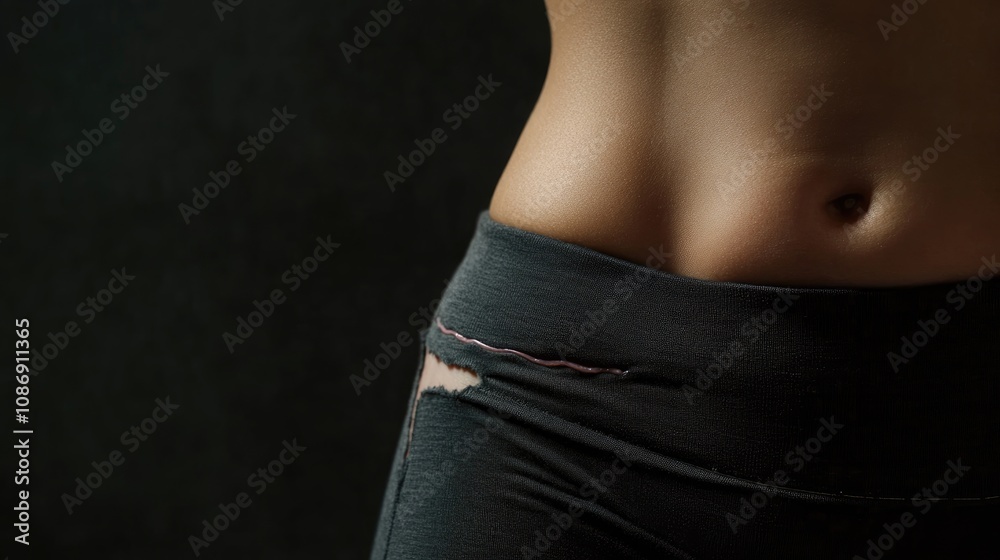 Naklejka premium Close-up view of a woman's abdomen highlighting an appendicitis scar, featuring smooth skin and ample copy space for text or graphics set against a dark background.