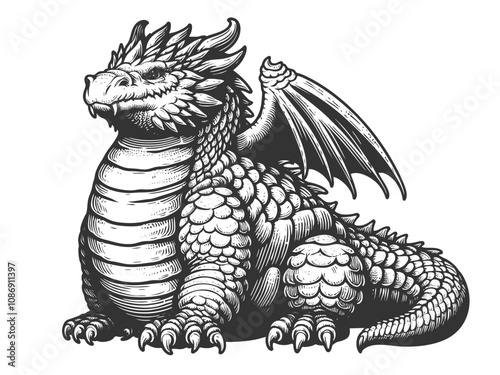 Chubby faty dragon with intricate scales, wings, and regal expression, blending fantasy and artistry sketch engraving generative ai vector illustration. Scratch board imitation. Black and white image