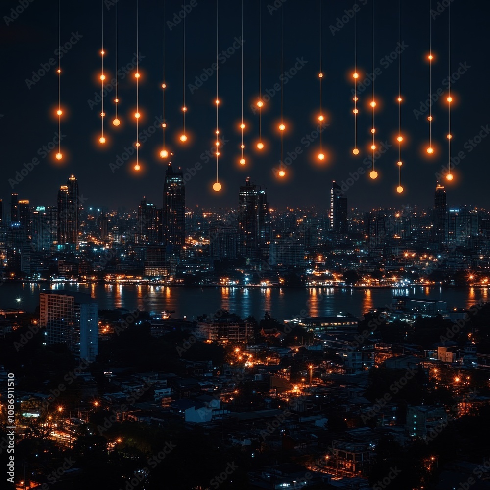 Fototapeta premium Business goal and digital strategy icons over Bangkok city.