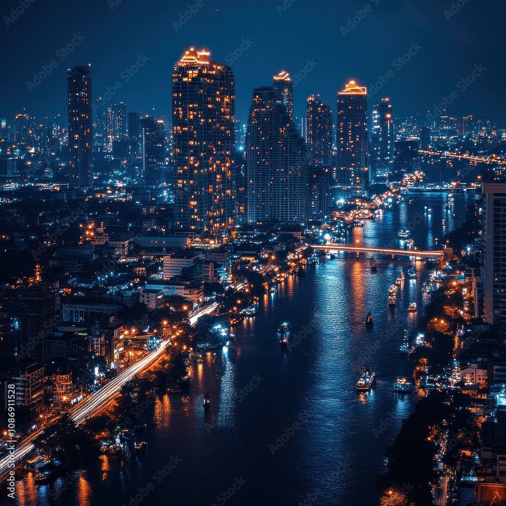 Fototapeta premium Business goal and digital strategy icons over Bangkok city.