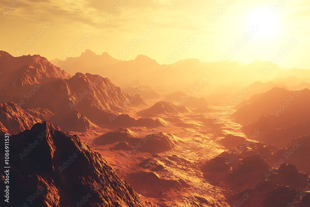 Fototapeta premium A serene landscape at sunset, showcasing rugged mountains and a warm, glowing atmosphere.