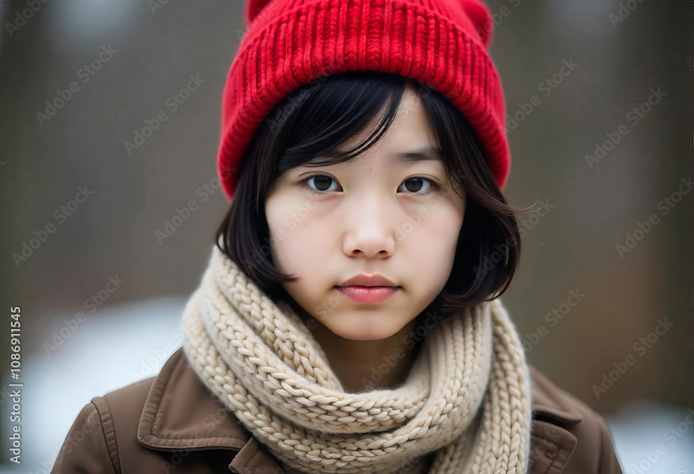 Portrait of a young Asian girl in a red knitted hat and beige coat Portrait of a young Asian girl in a red knitted hat and beige coat