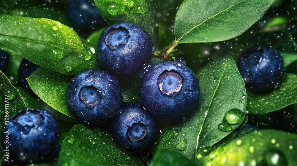 Close-up view of plump fresh blueberries surrounded by lush green leaves, highlighting droplets of water for a fresh, natural feel. Close-up view of plump fresh blueberries surrounded by lush green leaves, highlighting droplets of water for a fresh, natural feel.