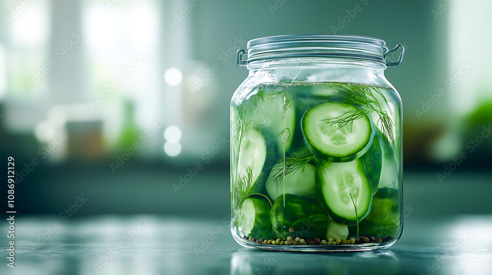 Angle view of freshly opened glass jar filled with pickled cucumbers. The pickles cucumbers are crisp and green. The practicality and shelf-stable nature of non-perishable food item Angle view of freshly opened glass jar filled with pickled cucumbers. The pickles cucumbers are crisp and green. The practicality and shelf-stable nature of non-perishable food item