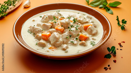 Delicious cream stew with parsley yummy chicken meat vegetable cream sauce fresh butter milk orange background. food photography advertising fashion restaurant cuisine gourmet wallpaper