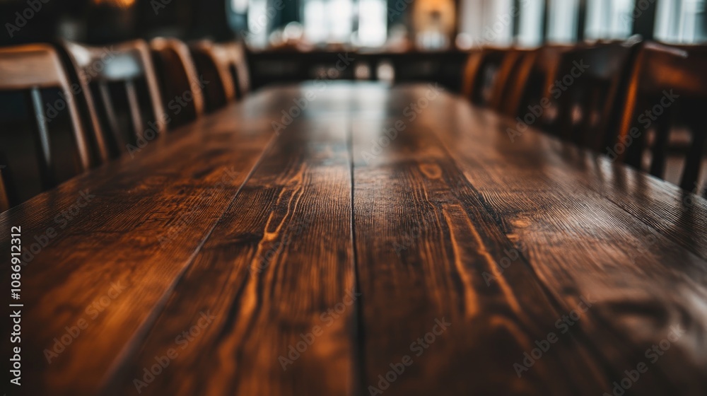 Cafe interior featuring a dark wooden table with rich grain, set against a softly blurred background of chairs and warm ambiance. Cafe interior featuring a dark wooden table with rich grain, set against a softly blurred background of chairs and warm ambiance.