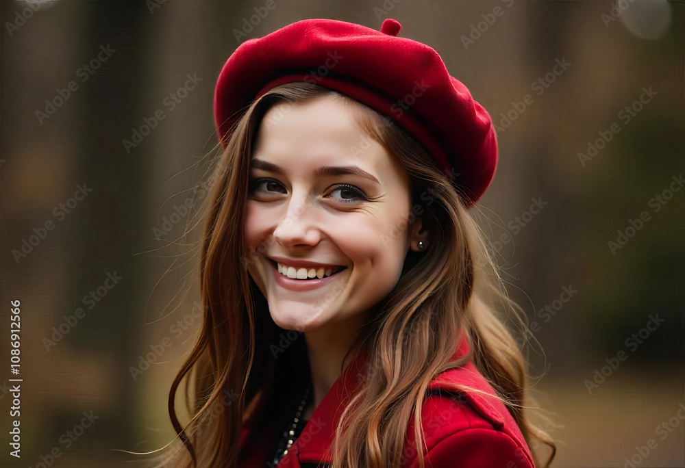 Portrait of a beautiful European girl in a red beret and coat Portrait of a beautiful European girl in a red beret and coat
